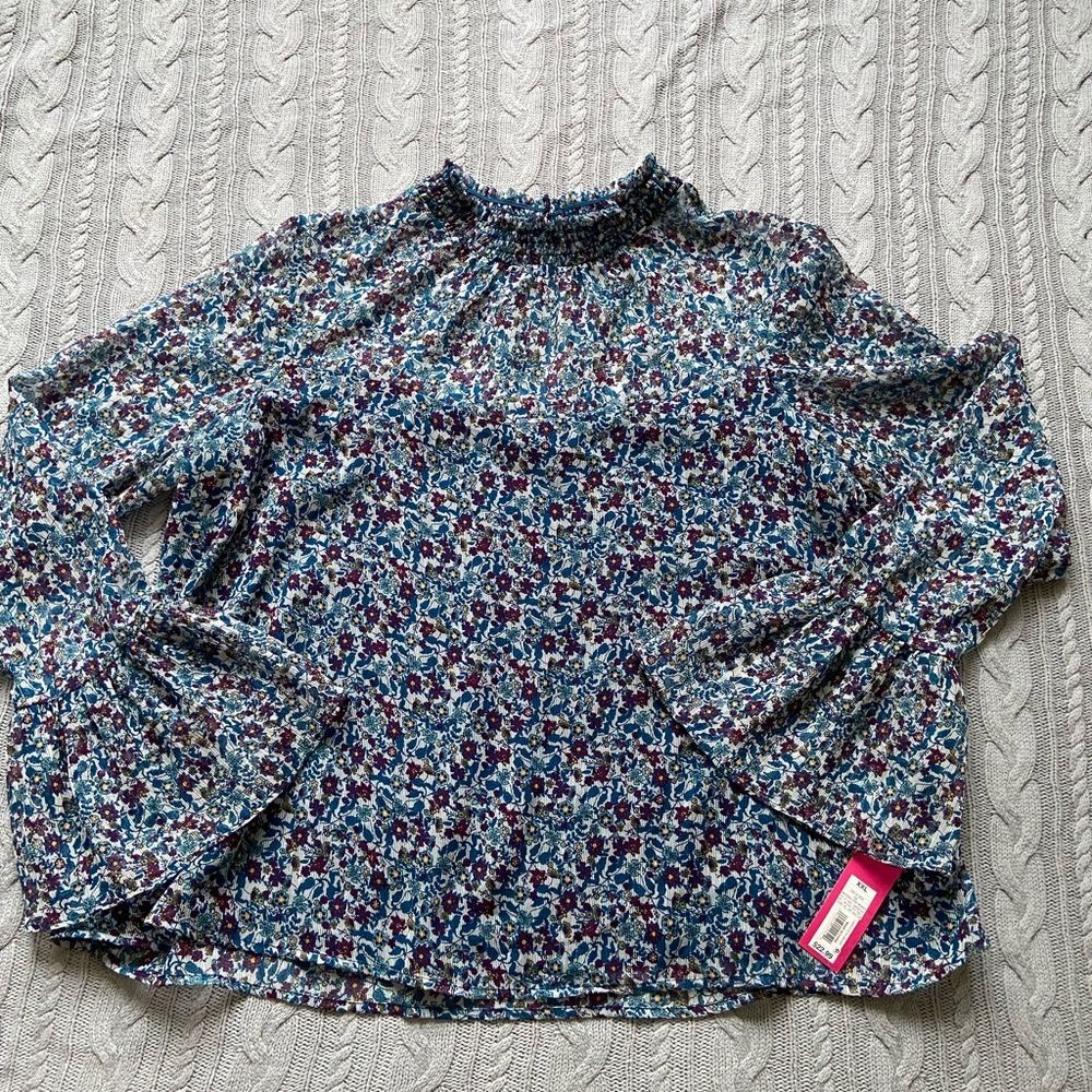 Xhilaration Boho Floral Long Puffed Bell Sleeve Smoked Neck Floral Peplum Blouse